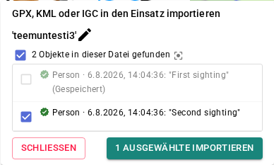 Checkliste für den Massenimport – eine Markierung bereits gespeichert, eine ausgewählt