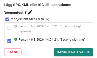 Checklista för massimport – ett objekt redan sparat, ett valt