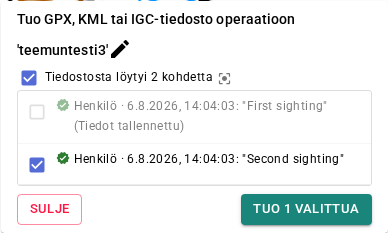 Massatuonnin valintalista – yksi merkintä jo tallennettu, yksi valittuna