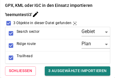 Checkliste für den Massenimport mit gemischten Objekttypen aus einer anderen App – jeder Typ hat ein Dropdown zur Korrektur