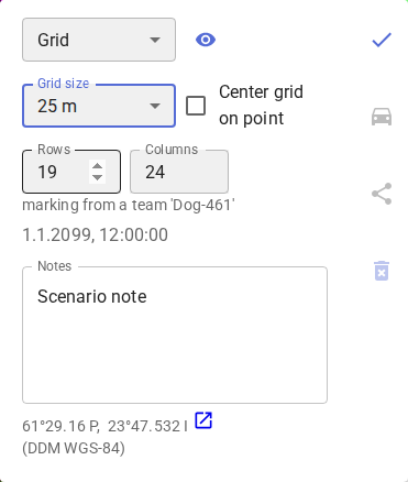 Grid marking popup with size, dimension, and centering controls