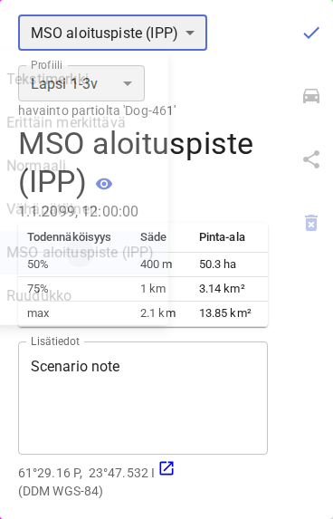 MSO-profiili havaintopopupissa