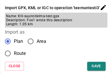 GPX import dialog