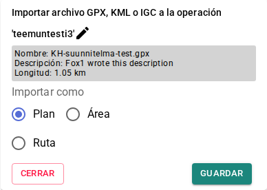 Menú de importación de archivos GPX