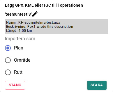 GPX-importfönster