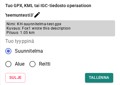 GPX-tiedoston tuontivalikko